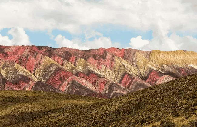 Vibrant, multicolored mountains in the Quebrada de Humahuaca region of northern Argentina.