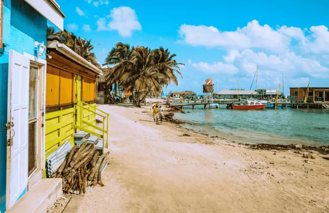 Colorful buildings and palm trees line a sandy beach street next to clear blue water.