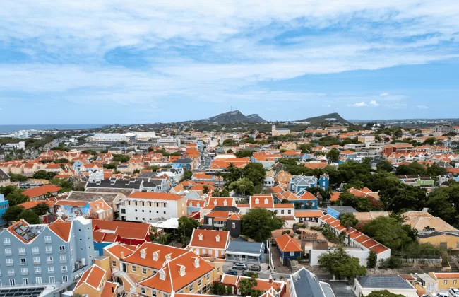 coastal town with red-roofed houses near the ocean.