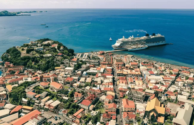 A hilly coastal city with red-roofed buildings and a large cruise ship docked.