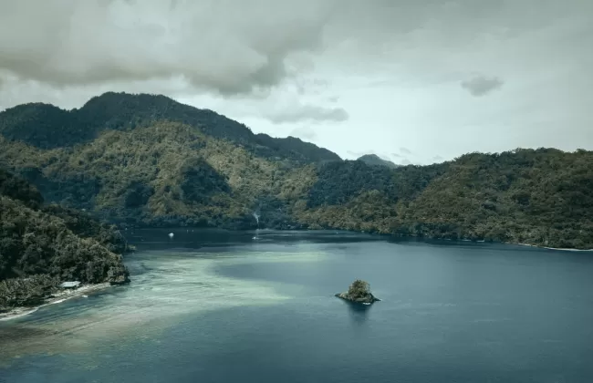 A calm lake surrounded by forested mountains.