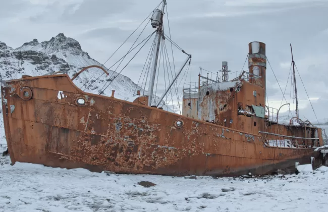 Rusted shipwreck on a rocky, snow-dusted shore.