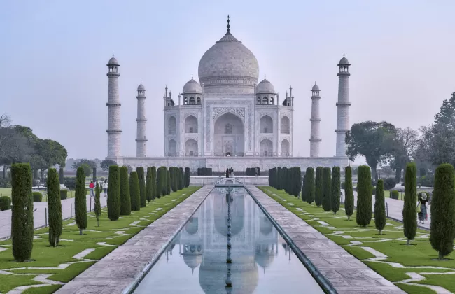 The Taj Mahal in India, viewed from the front with its reflecting pool.