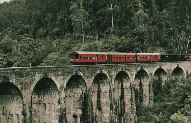 Red train crossing a tall stone viaduct through a forest.