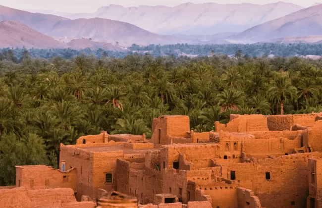Traditional clay houses in a desert landscape.
