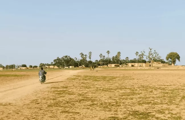 Dry, flat savannah landscape with sparse trees.