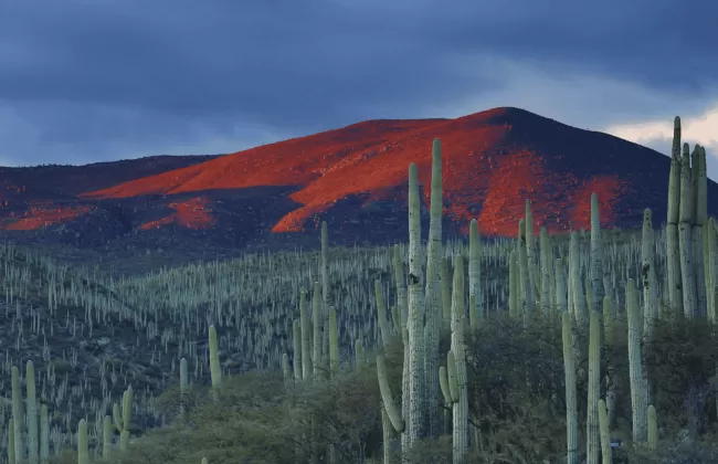 Red volcanic mountains with sparse vegetation.
