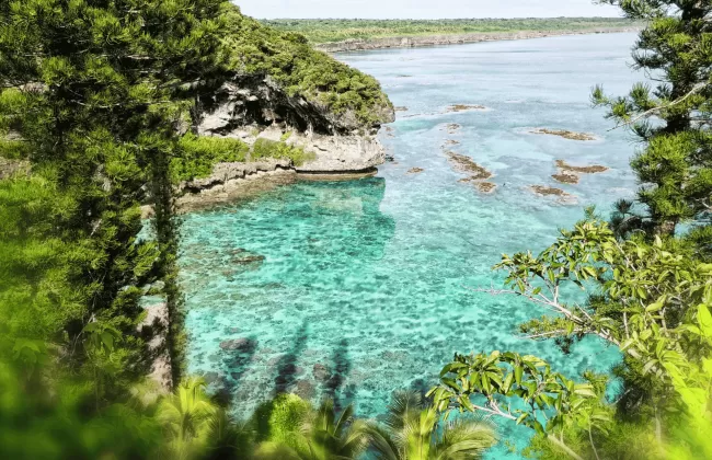 Clear turquoise water and coral reef near a lush tropical shoreline.