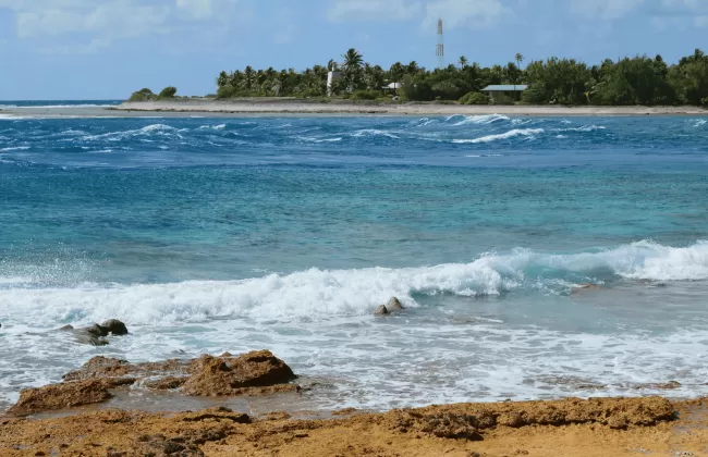 A tropical coastline with waves crashing against rocks and lush greenery in the background.