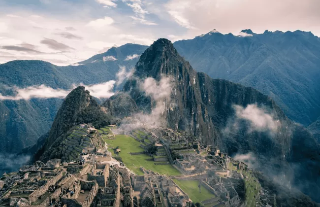Ancient stone ruins of Machu Picchu high in the Andes mountains.