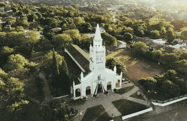 A white colonial-style church surrounded by dense greenery.