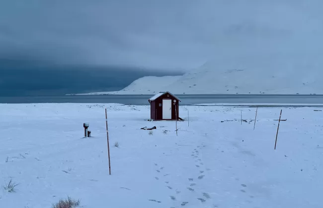 Snow-covered landscape with a small red hut and mountains in the distance.
