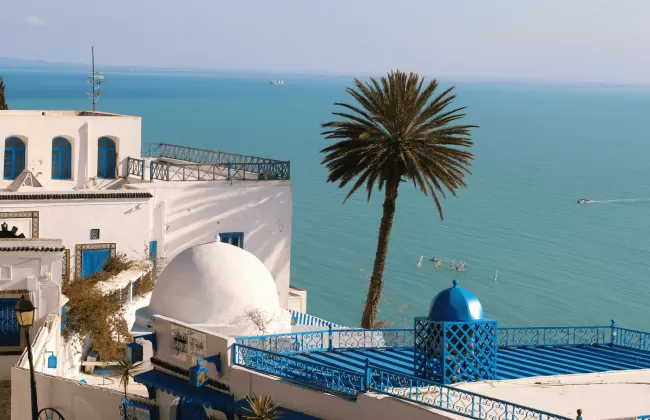 Whitewashed Mediterranean-style buildings with blue accents and ocean in the background.