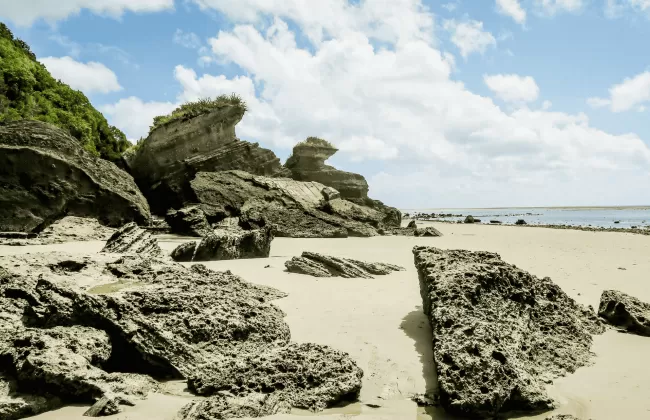 White sandy beach with clear blue water.