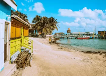 Colorful buildings and palm trees line a sandy beach street next to clear blue water.