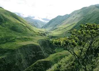 Verdant mountains with deep valleys covered in greenery.