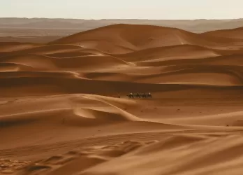 Vast red sand dunes with a small caravan of camels.