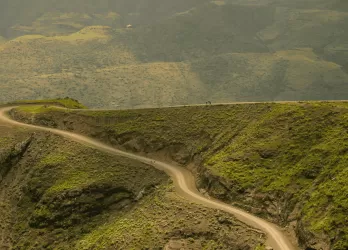 Rolling green hills and dirt roads stretching into the distance.
