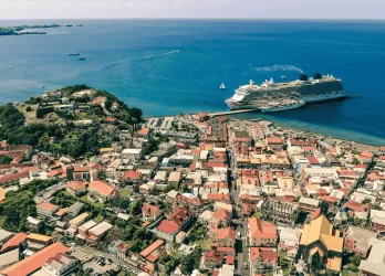 A hilly coastal city with red-roofed buildings and a large cruise ship docked.