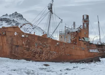 Rusted shipwreck on a rocky, snow-dusted shore.