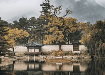 Traditional temple buildings by a calm reflective pond surrounded by trees.