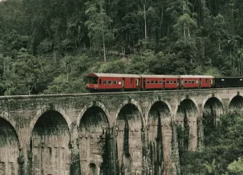 Red train crossing a tall stone viaduct through a forest.
