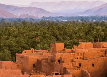 Traditional clay houses in a desert landscape.