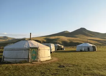 Traditional yurts on grassy plains.