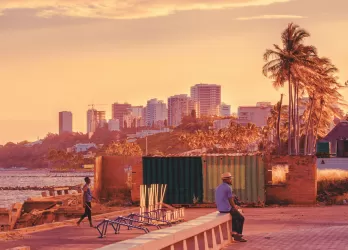 City scene with palm trees and colorful buildings.
