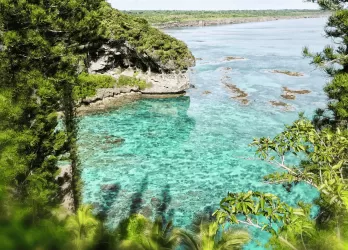 Clear turquoise water and coral reef near a lush tropical shoreline.