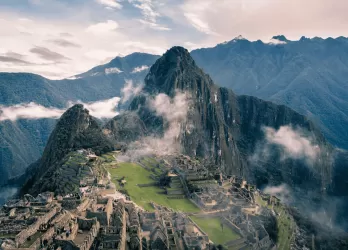 Ancient stone ruins of Machu Picchu high in the Andes mountains.