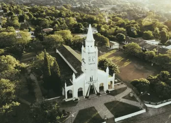 A white colonial-style church surrounded by dense greenery.