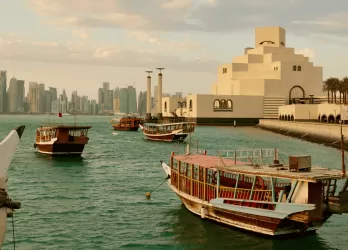 Boats docked in a harbor with a modern city skyline in the background.