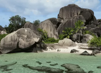 Granite boulders and palm trees by turquoise waters and sandy beach.