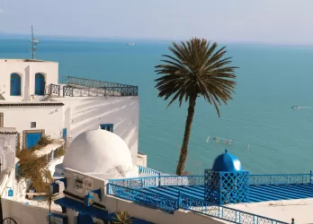 Whitewashed Mediterranean-style buildings with blue accents and ocean in the background.