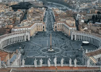 St. Peter’s Basilica and Vatican Square in Vatican City, seen from an aerial perspective.